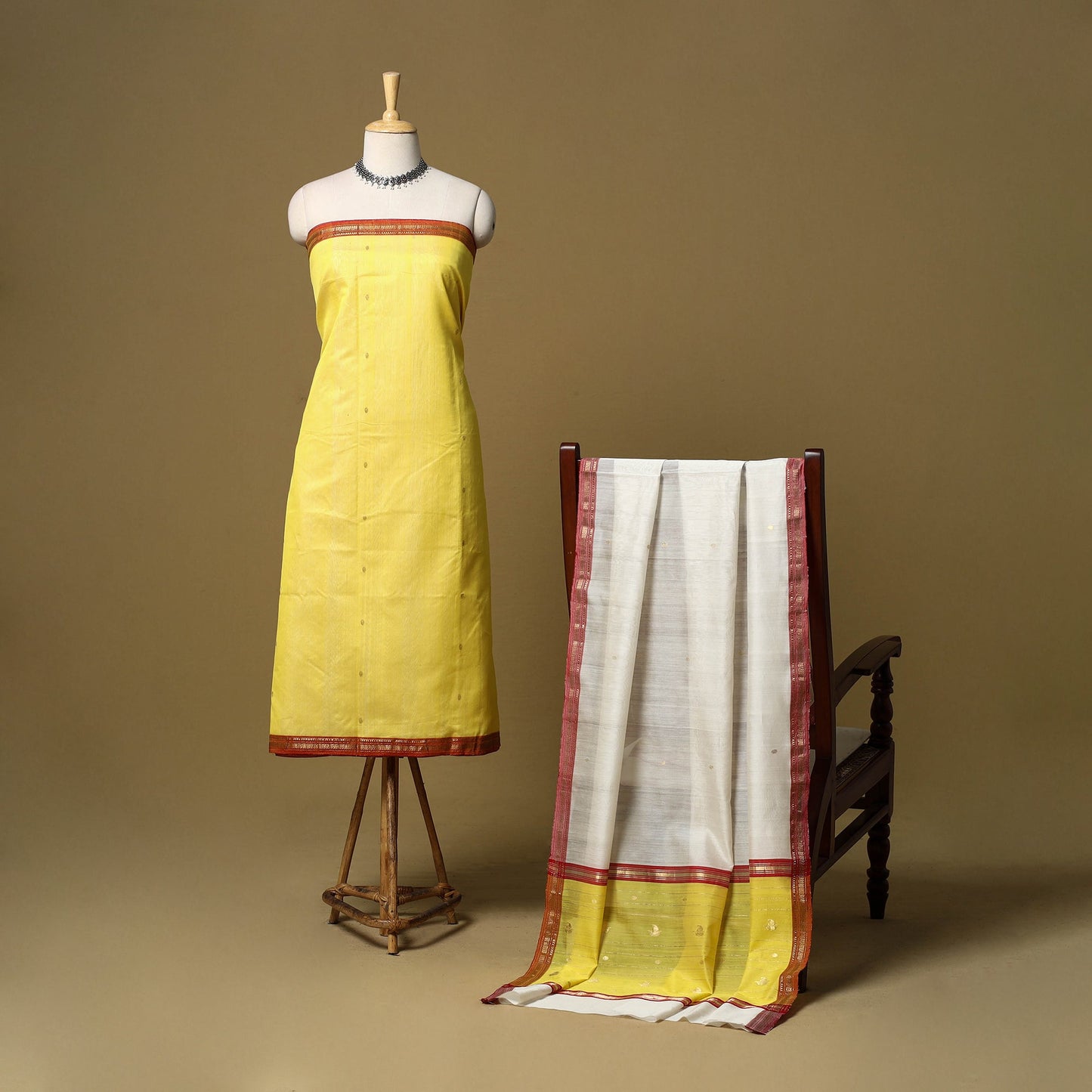 Yellow - 3pc handloom zari buti unstitched chanderi silk