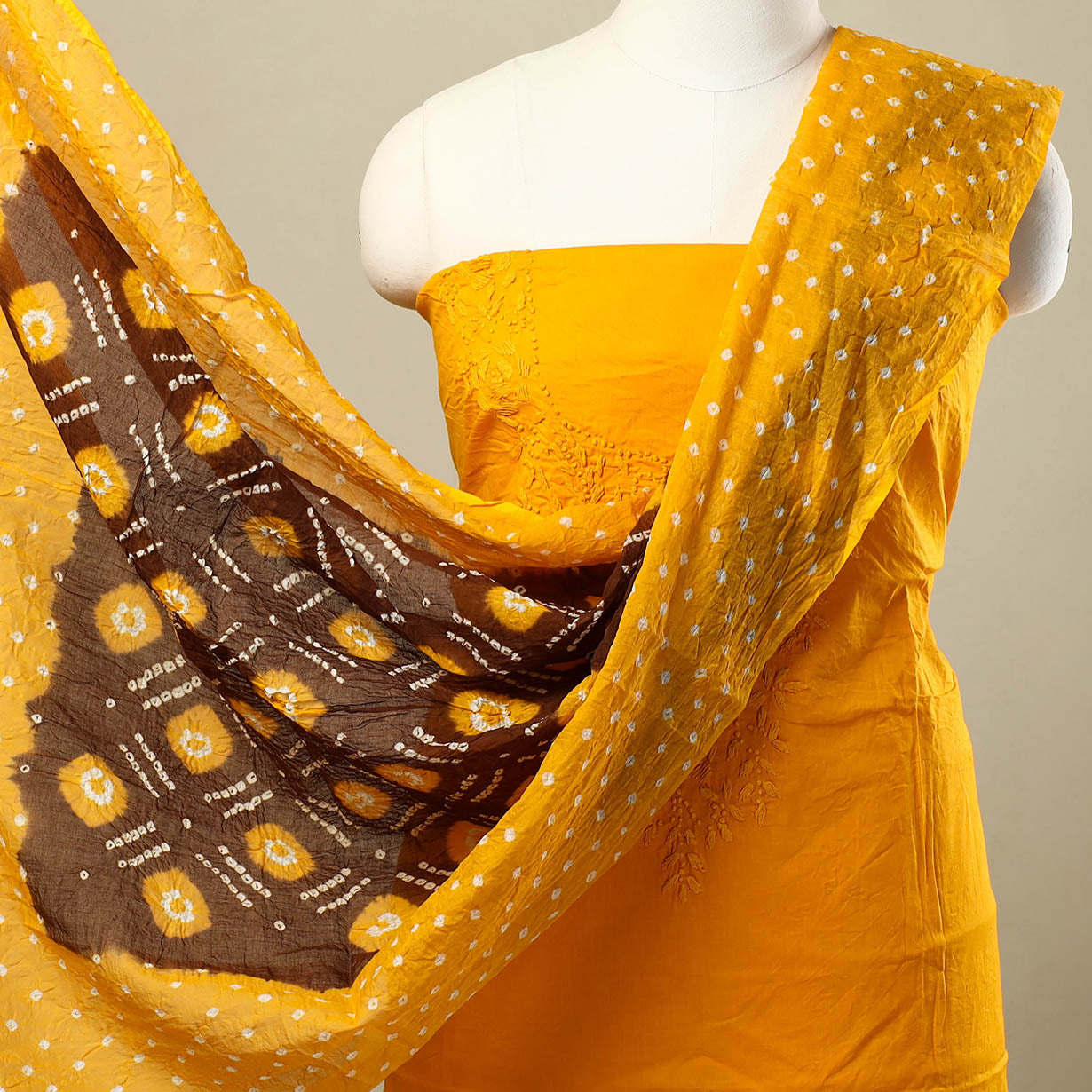 3pc Yellow Kutch Embroidered Cotton Bandhani Dress Material 