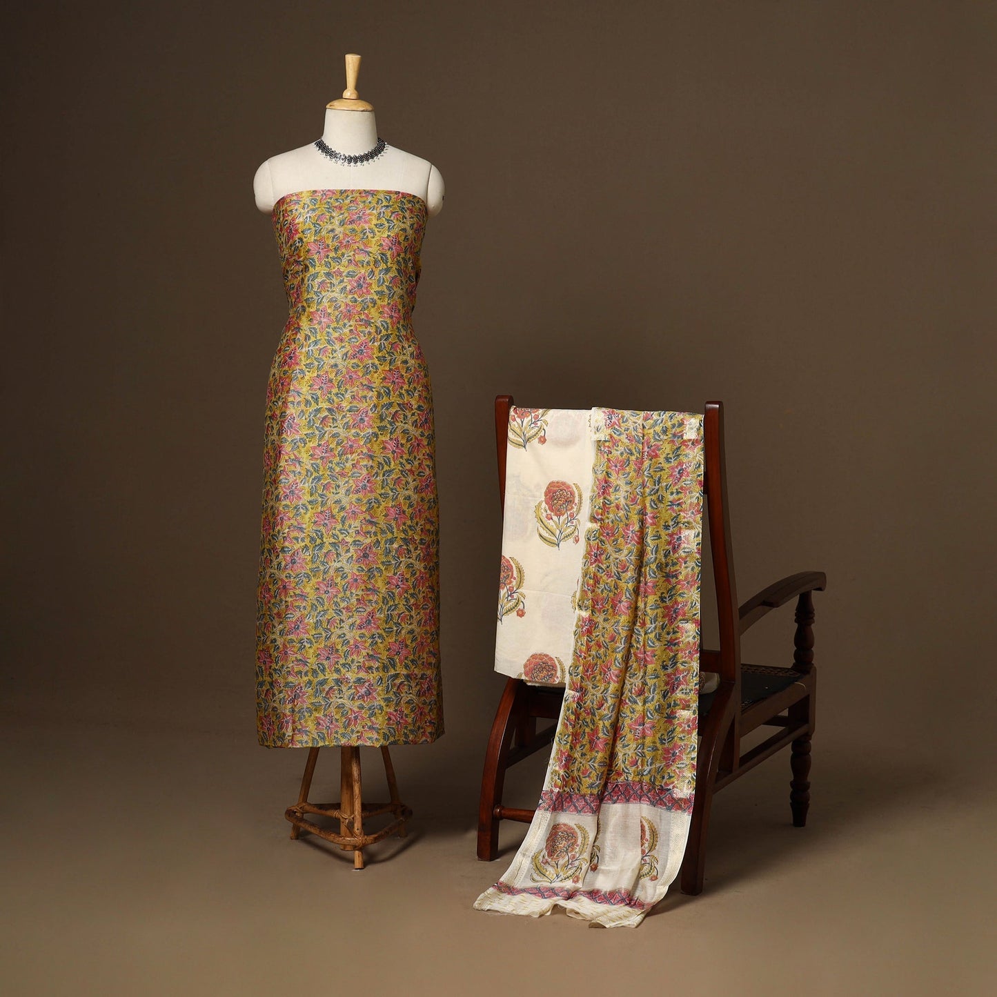 3pc maheshwari silk unstitched hand sanganeri dress