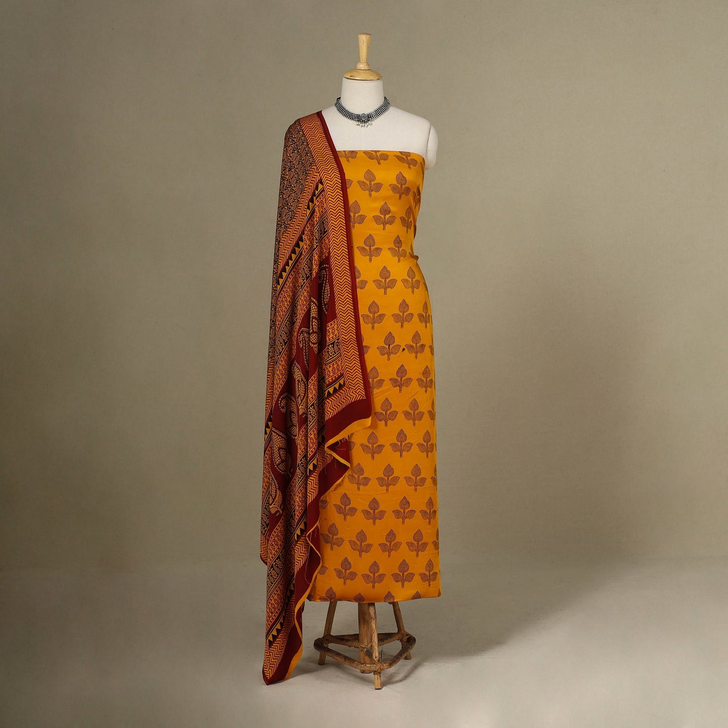 Yellow - 3pc Modal Silk Unstitched Bagh Print Suit Material Set 