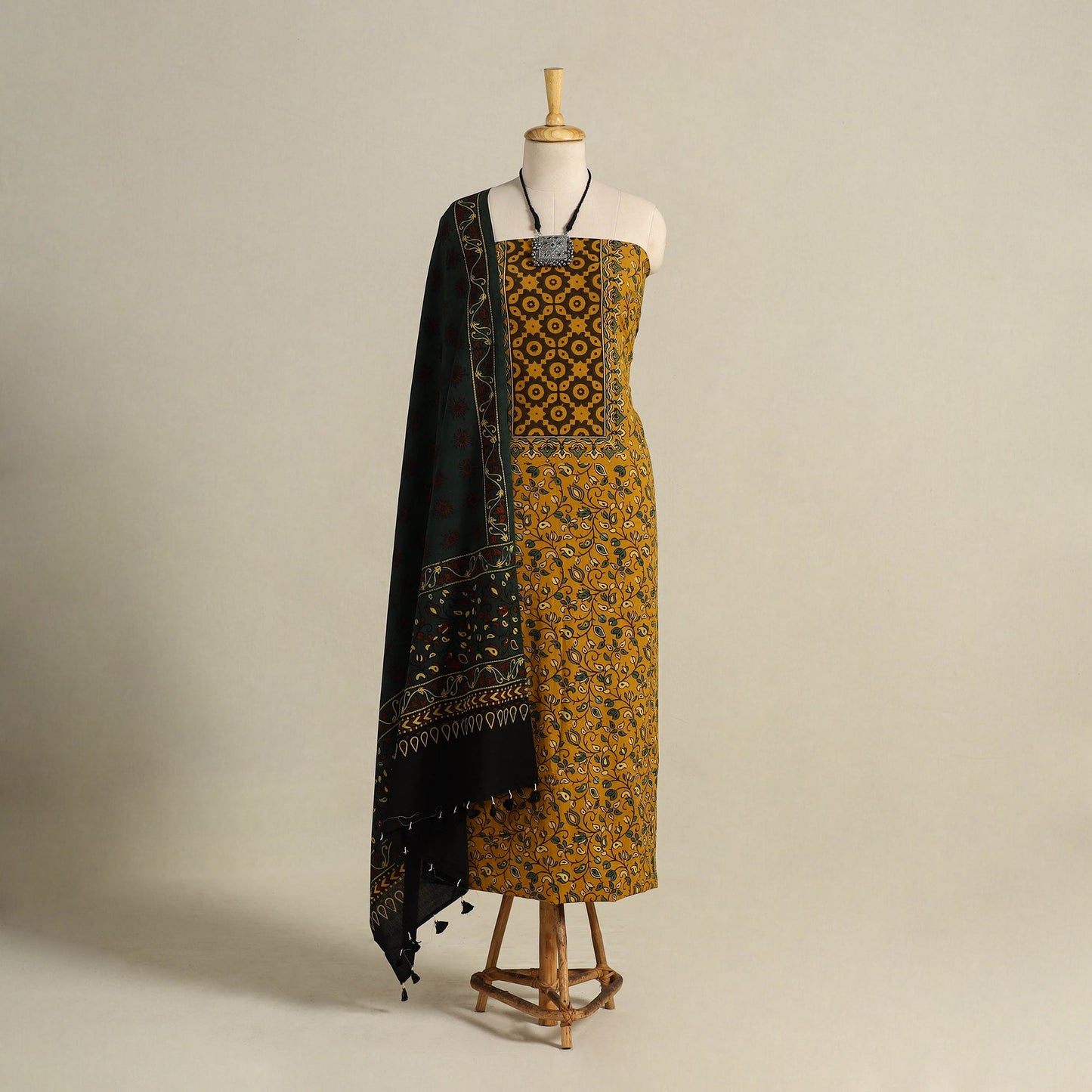 Yellow 3pc Block Print Natural Dyed Ajrakh Dress Material