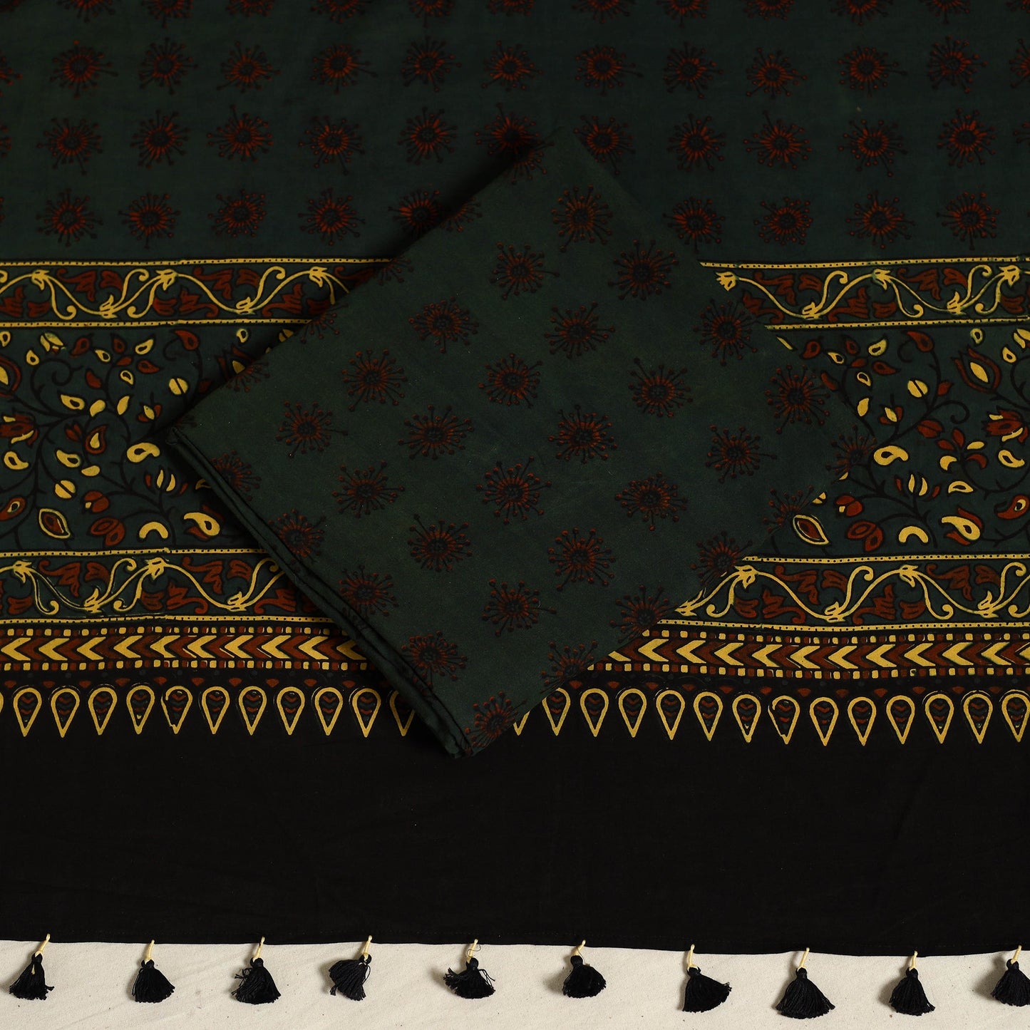 Yellow 3pc Block Print Natural Dyed Ajrakh Dress Material