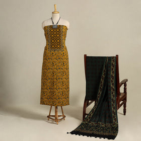 Yellow 3pc Block Print Natural Dyed Ajrakh Dress Material