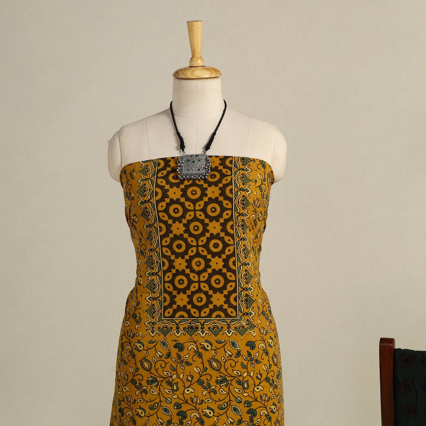 Yellow 3pc Block Print Natural Dyed Ajrakh Dress Material