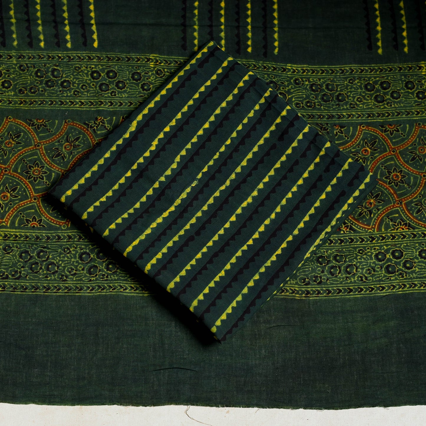 Yellow 3pc Block Print Natural Dyed Ajrakh Dress Material