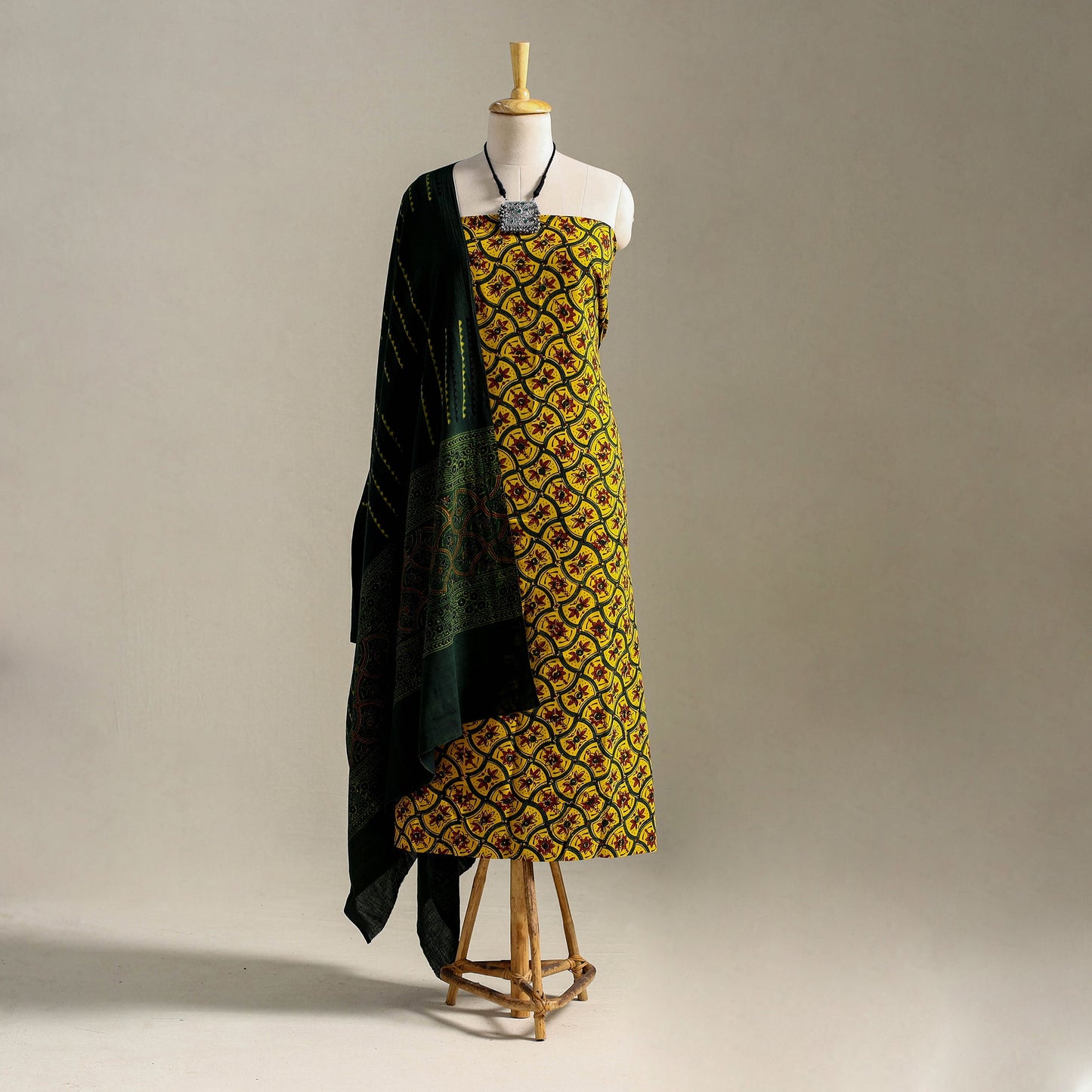 Yellow 3pc Block Print Natural Dyed Ajrakh Dress Material