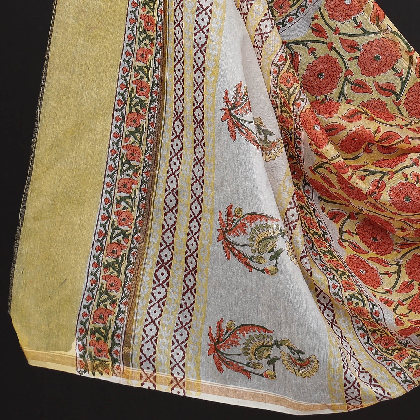 Yellow - 3pc Sanganeri Block Printed Chanderi Silk Suit Material Set