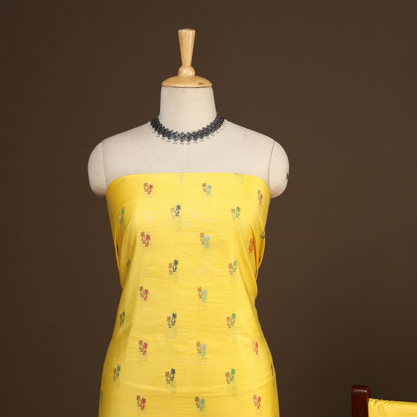 Yellow - 3pc silk cotton meena weaving unstitched banarasi