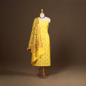 Yellow - 3pc silk cotton meena weaving unstitched banarasi