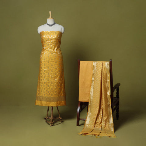 Yellow - 3pc tanchoi silk cotton unstitched banarasi dress