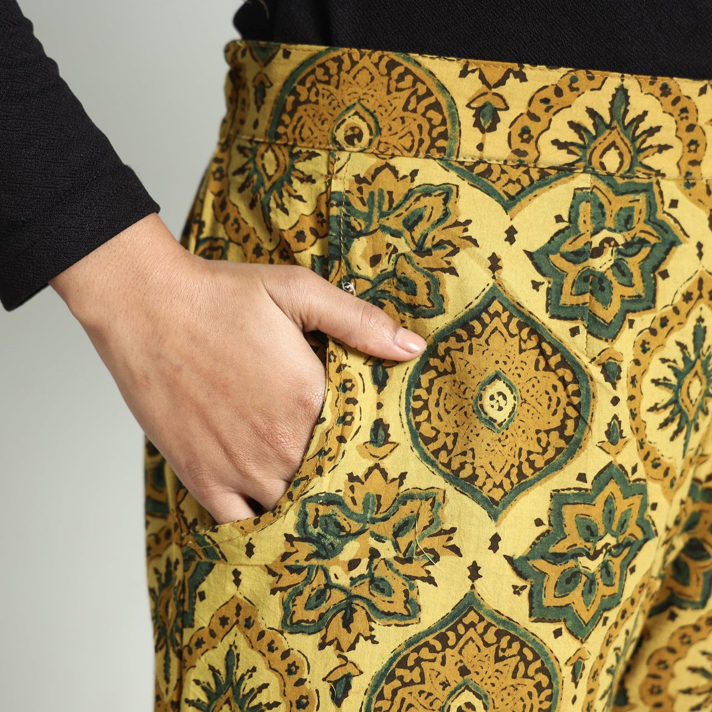 Yellow - ajrakh block printed cotton elasticated palazzo