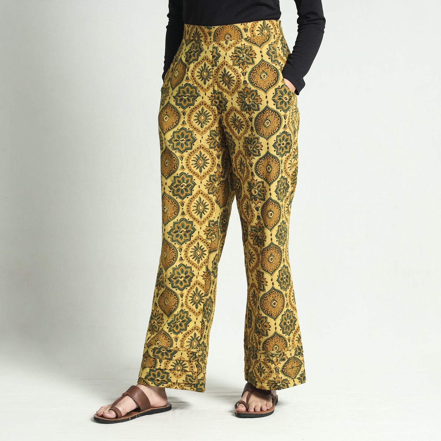 Yellow - ajrakh block printed cotton elasticated palazzo