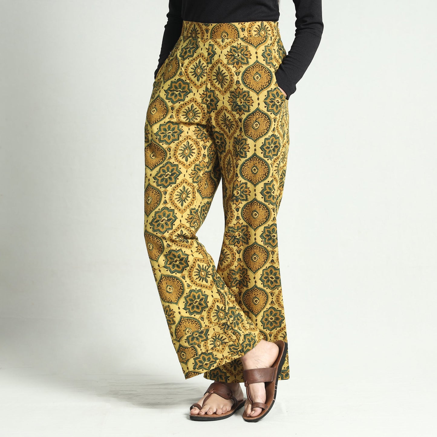 Yellow - ajrakh block printed cotton elasticated palazzo