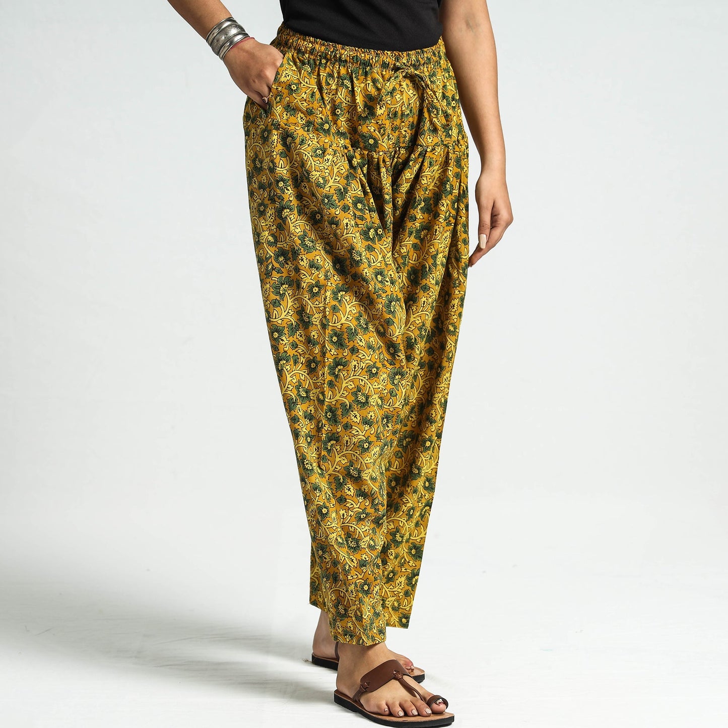 Yellow - printed cotton elasticated salwar - handcrafted