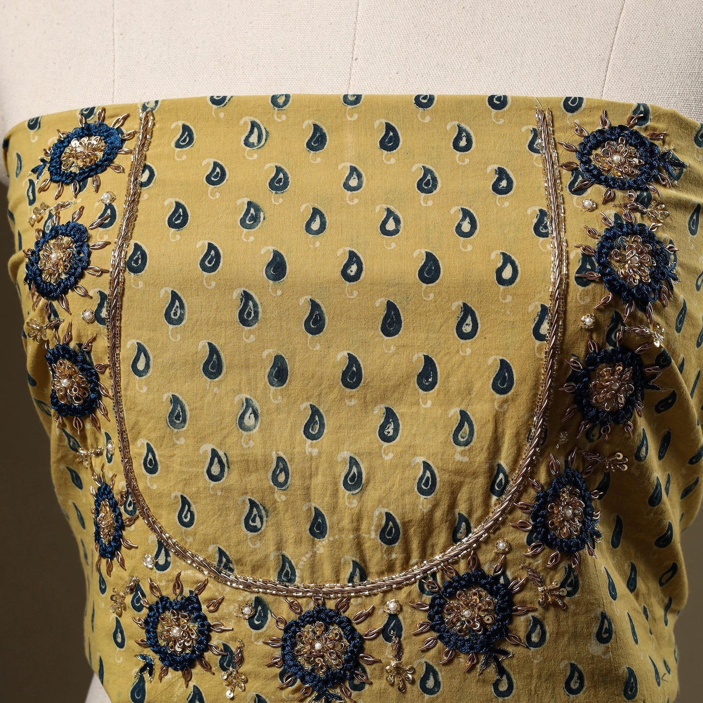 Yellow Ajrakh Print Hand Embroidery Cotton Blouse Piece