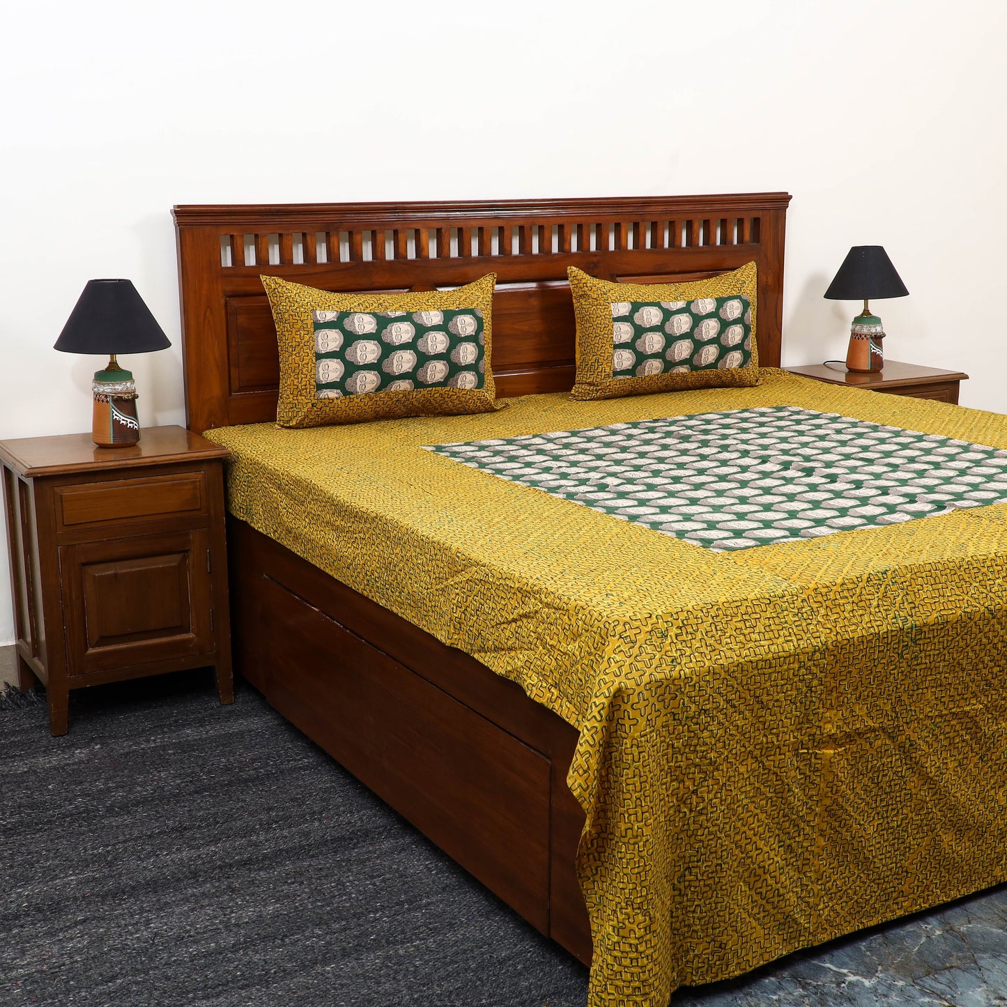 Buy Ajrakh Print with Kalamkari Patch Cotton Bedsheet Set