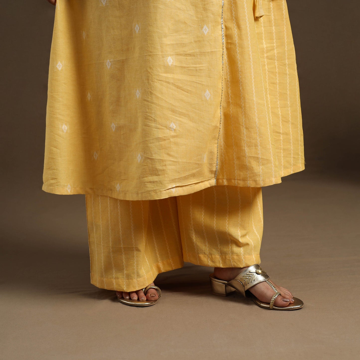 Angrakha Cotton Gota Work Yellow Jacquard Kurta with Palazzo Set