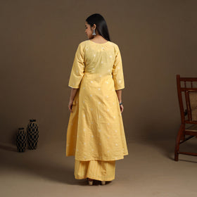 Angrakha Cotton Gota Work Yellow Jacquard Kurta with Palazzo Set