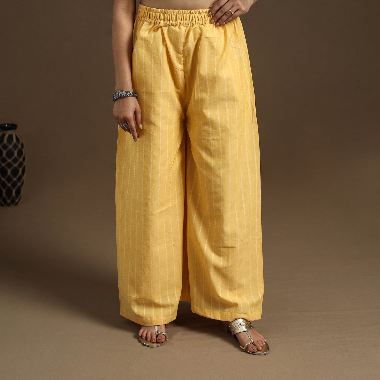 Angrakha Cotton Gota Work Yellow Jacquard Kurta with Palazzo Set