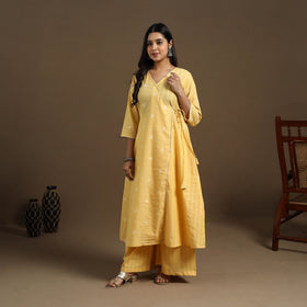 Angrakha Cotton Gota Work Yellow Jacquard Kurta with Palazzo Set