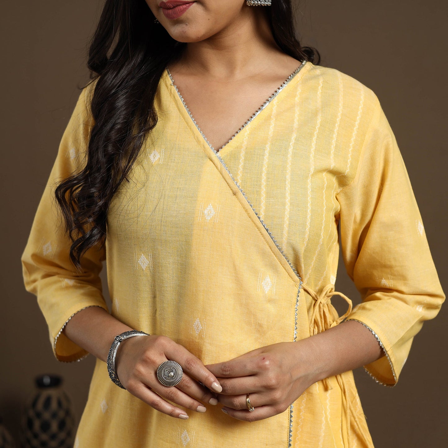 Angrakha Cotton Gota Work Yellow Jacquard Kurta with Palazzo Set
