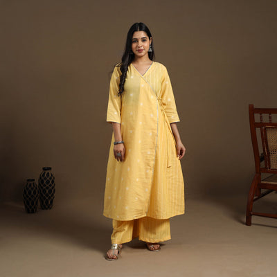 Angrakha Cotton Gota Work Yellow Jacquard Kurta with Palazzo Set