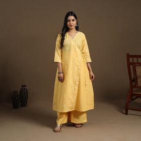 Angrakha Cotton Gota Work Yellow Jacquard Kurta with Palazzo Set