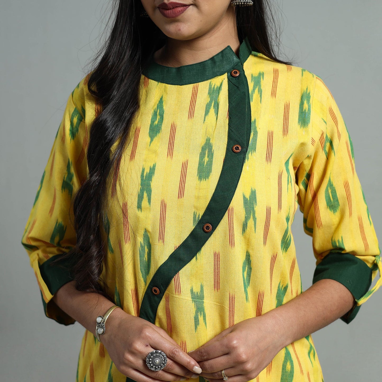 Yellow - angrakha cotton straight pochampally ikat kurta 14