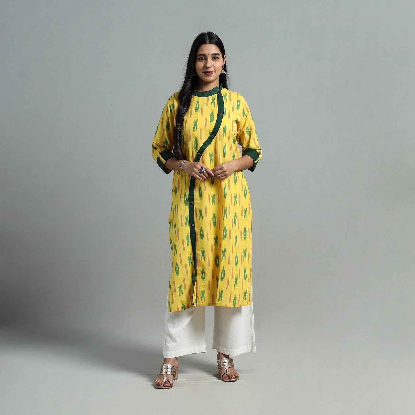 Yellow - angrakha cotton straight pochampally ikat kurta 14