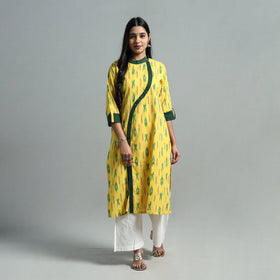 Yellow - angrakha cotton straight pochampally ikat kurta 14