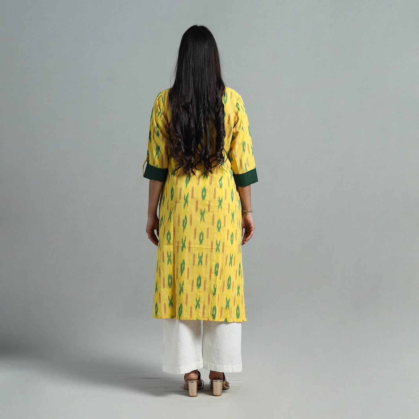 Yellow - angrakha cotton straight pochampally ikat kurta 14