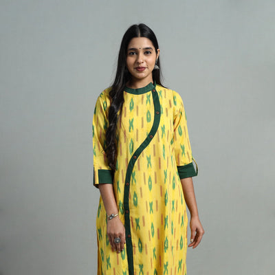 Yellow - angrakha cotton straight pochampally ikat kurta 14