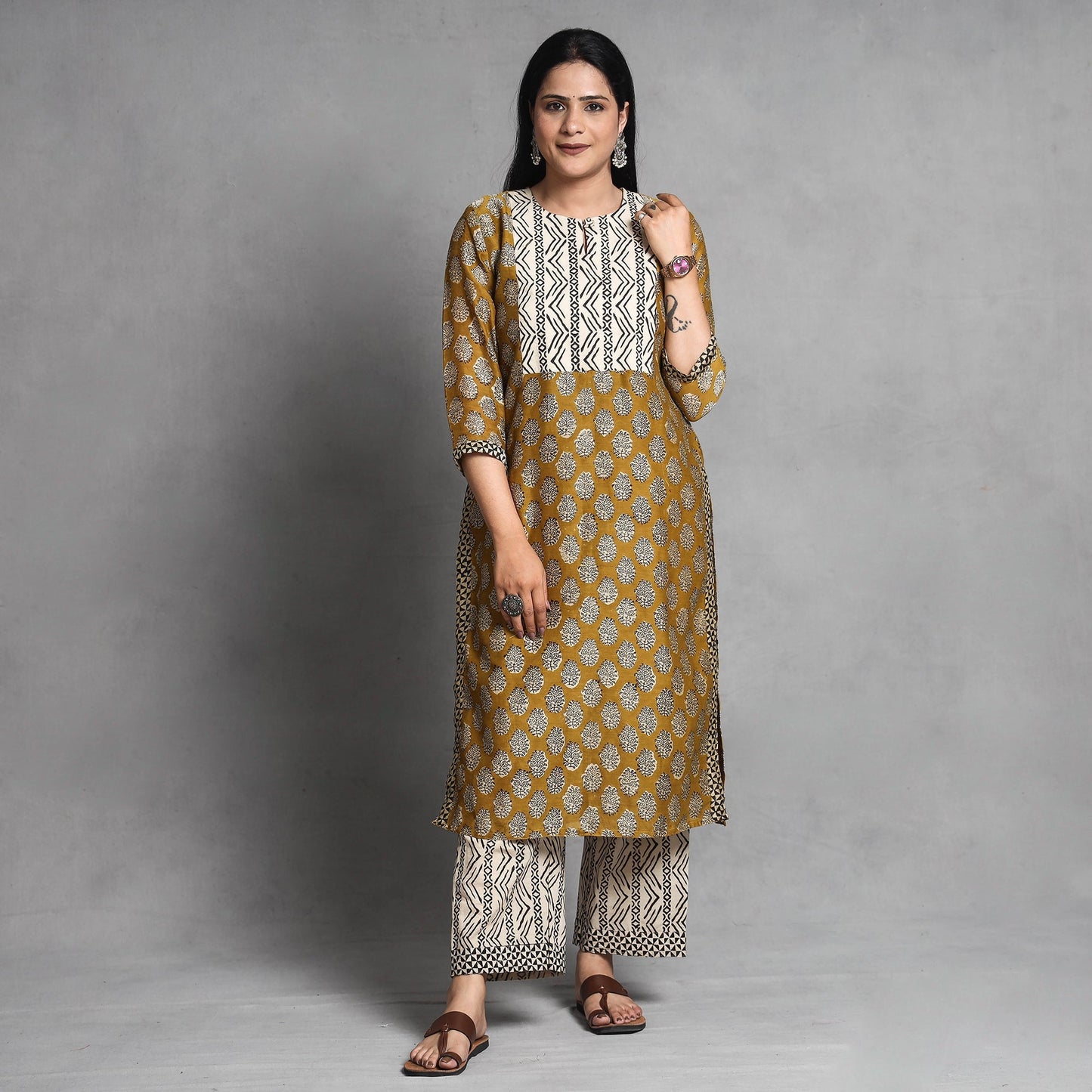 Yellow - Bagru Block Printed Chanderi Silk Kurta with Palazzo & Dupatta Set