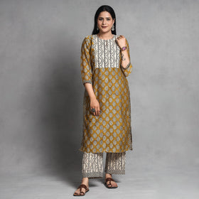 Yellow - Bagru Block Printed Chanderi Silk Kurta with Palazzo & Dupatta Set