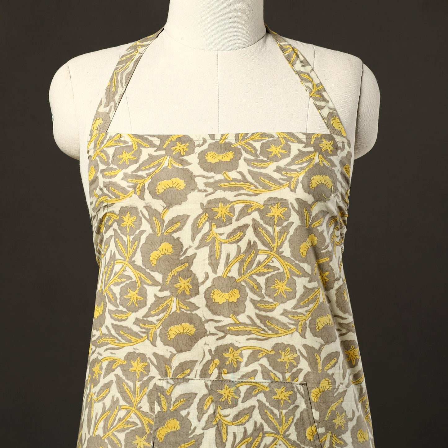 Yellow - bagru cotton apron with pocket 19 - handcrafted