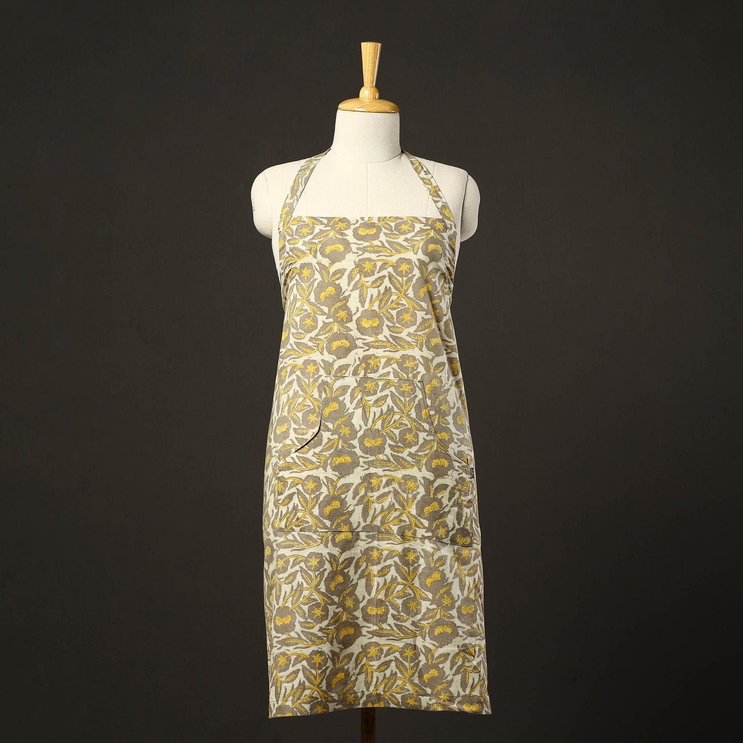 Yellow - bagru cotton apron with pocket 19 - handcrafted