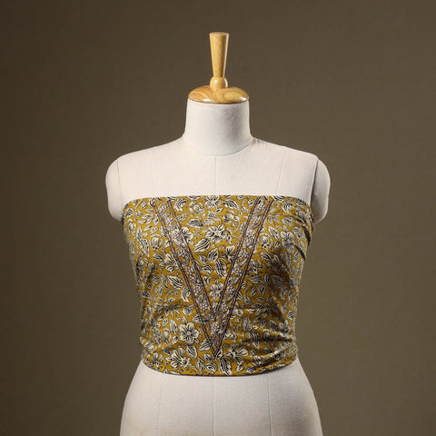 Yellow Bagru Print Hand Embroidery Cotton Blouse Piece 