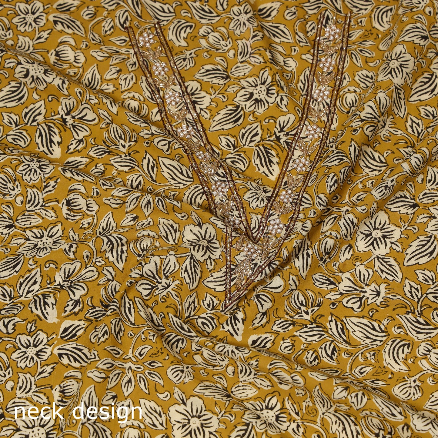 Yellow Bagru Print Hand Embroidery Cotton Blouse Piece 