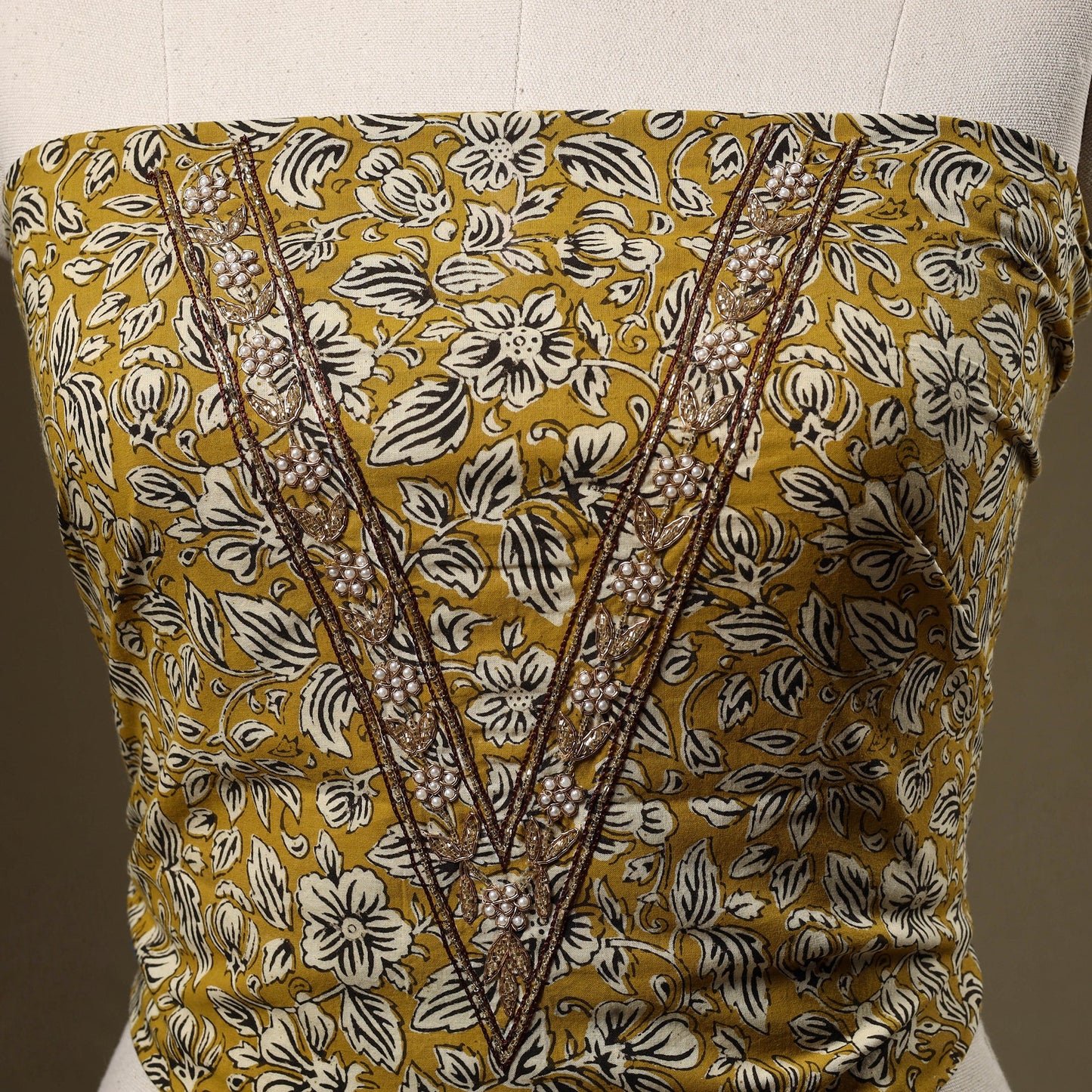 Yellow Bagru Print Hand Embroidery Cotton Blouse Piece 