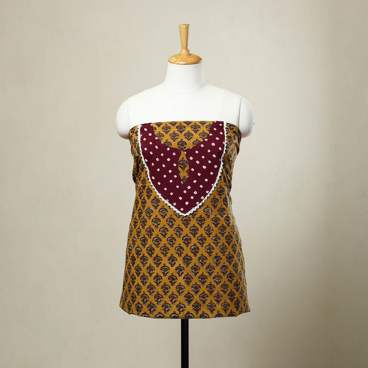 Buy Yellow Bagru Print Patchwork Cotton Kurta Material