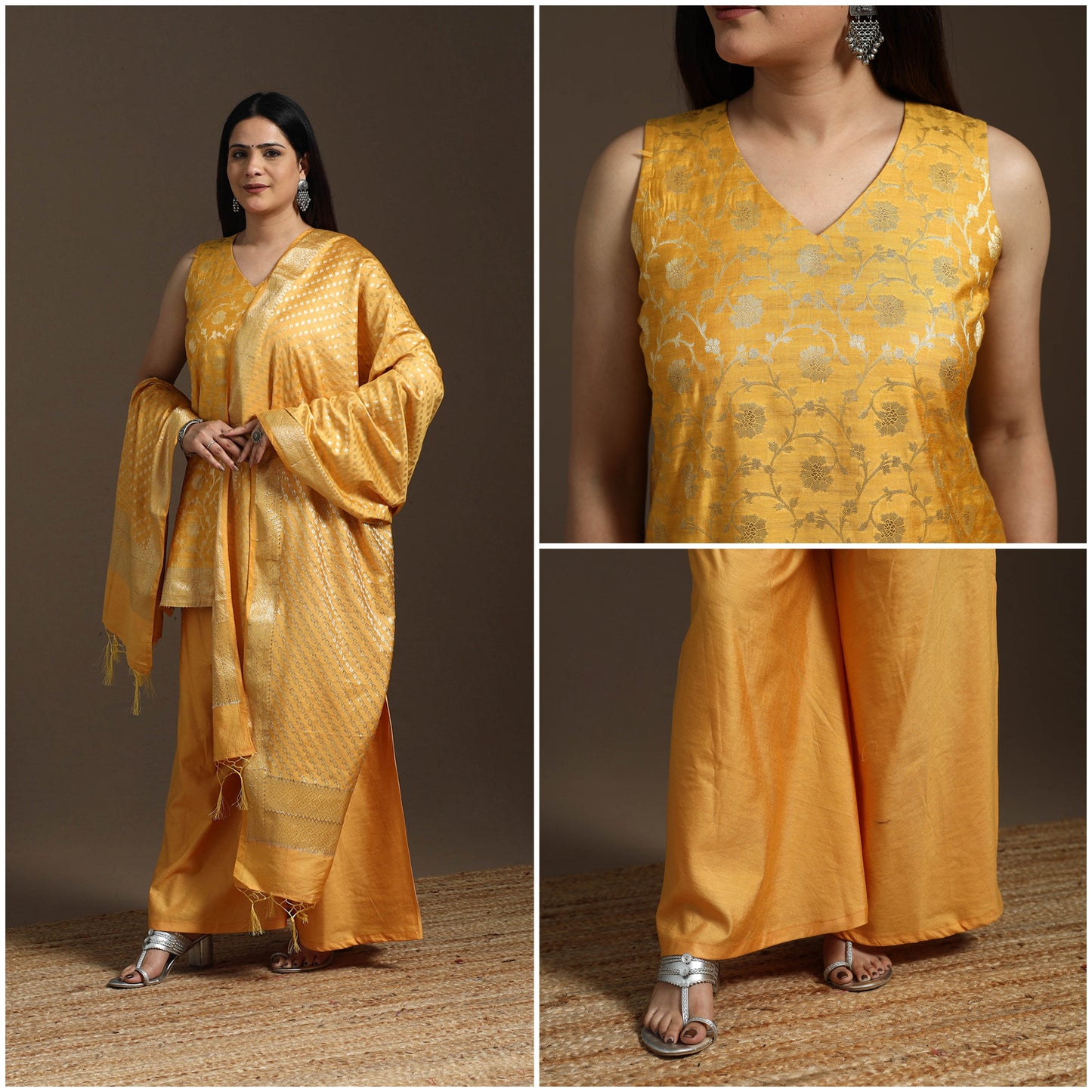 Yellow - banarasi tanchoi silk cotton palaazo set for women