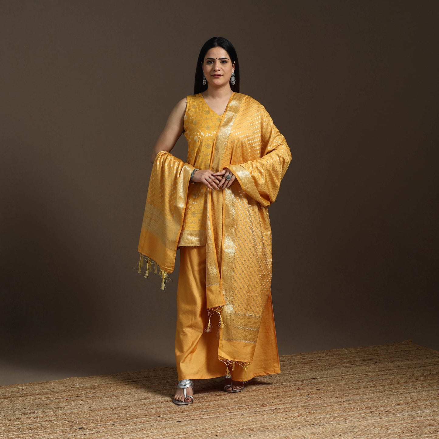 Yellow - banarasi tanchoi silk cotton palaazo set for women