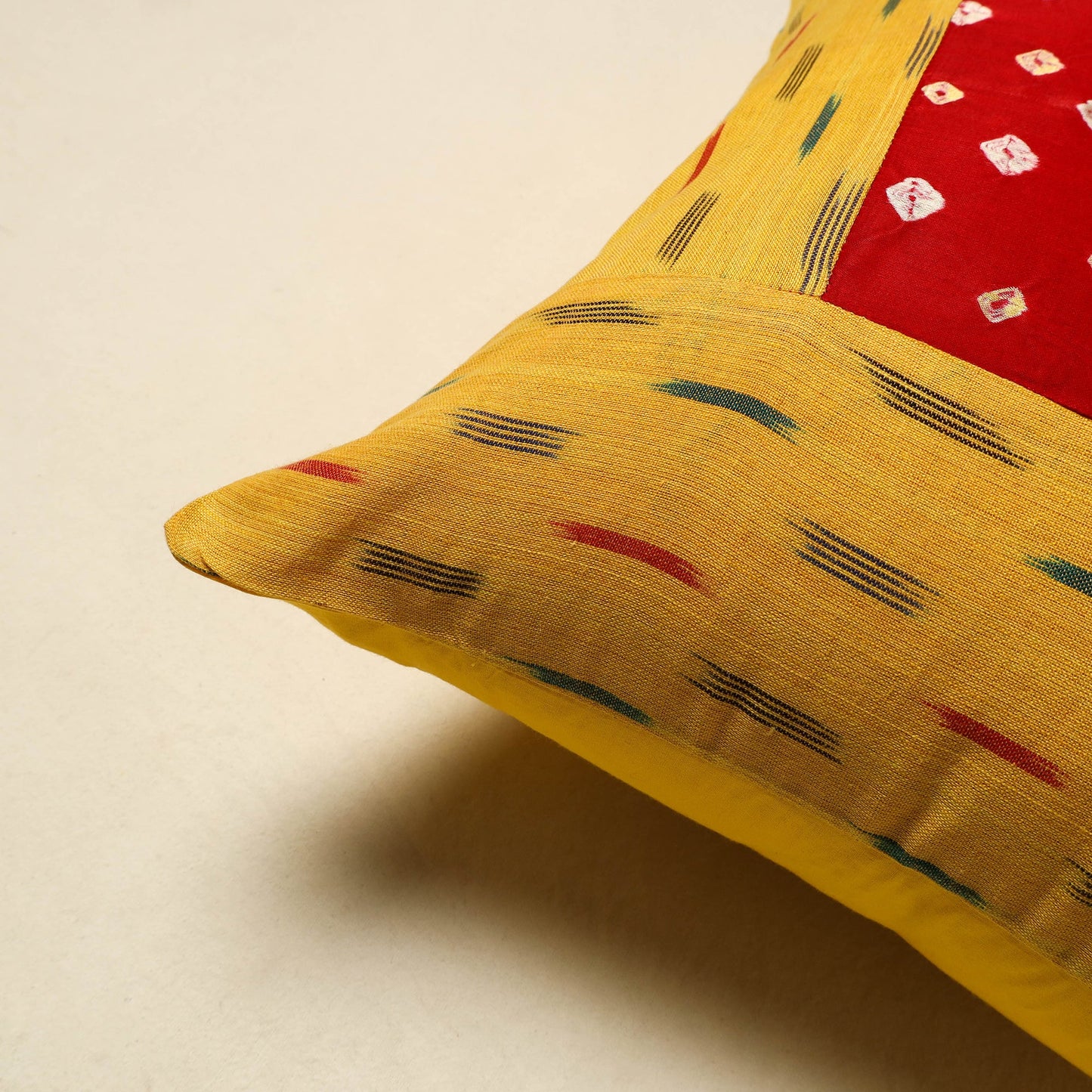 Buy Yellow Bandhani Patch Ikat Cushion Cover