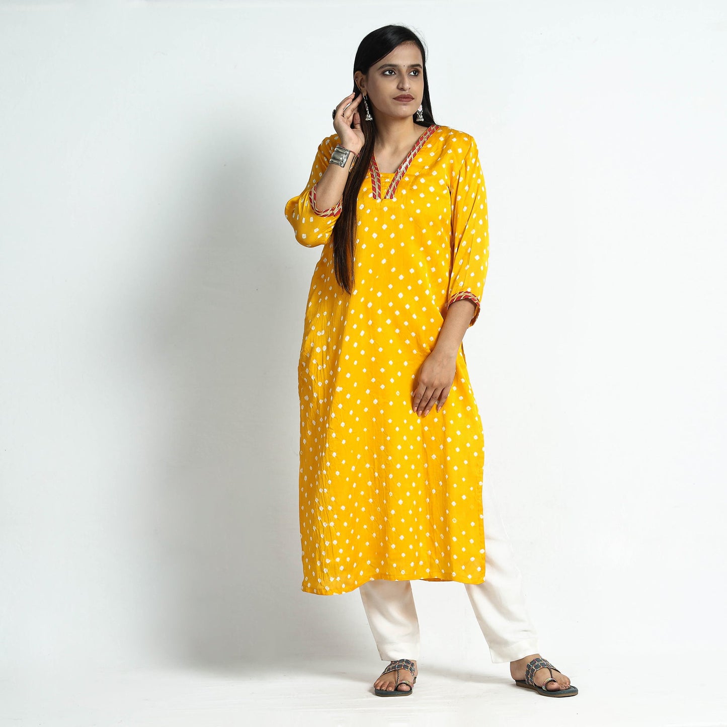 Yellow - bandhani tie-dye modal silk straight kurta