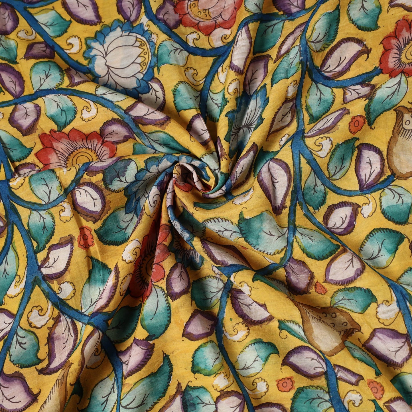  Yellow Bangalore Silk Srikalahasti Pen Kalamkari Fabric