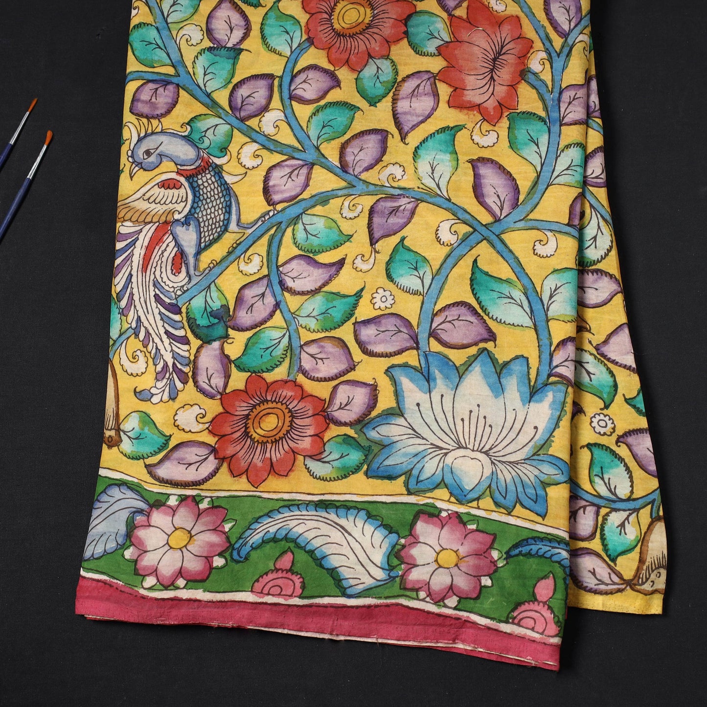  Yellow Bangalore Silk Srikalahasti Pen Kalamkari Fabric