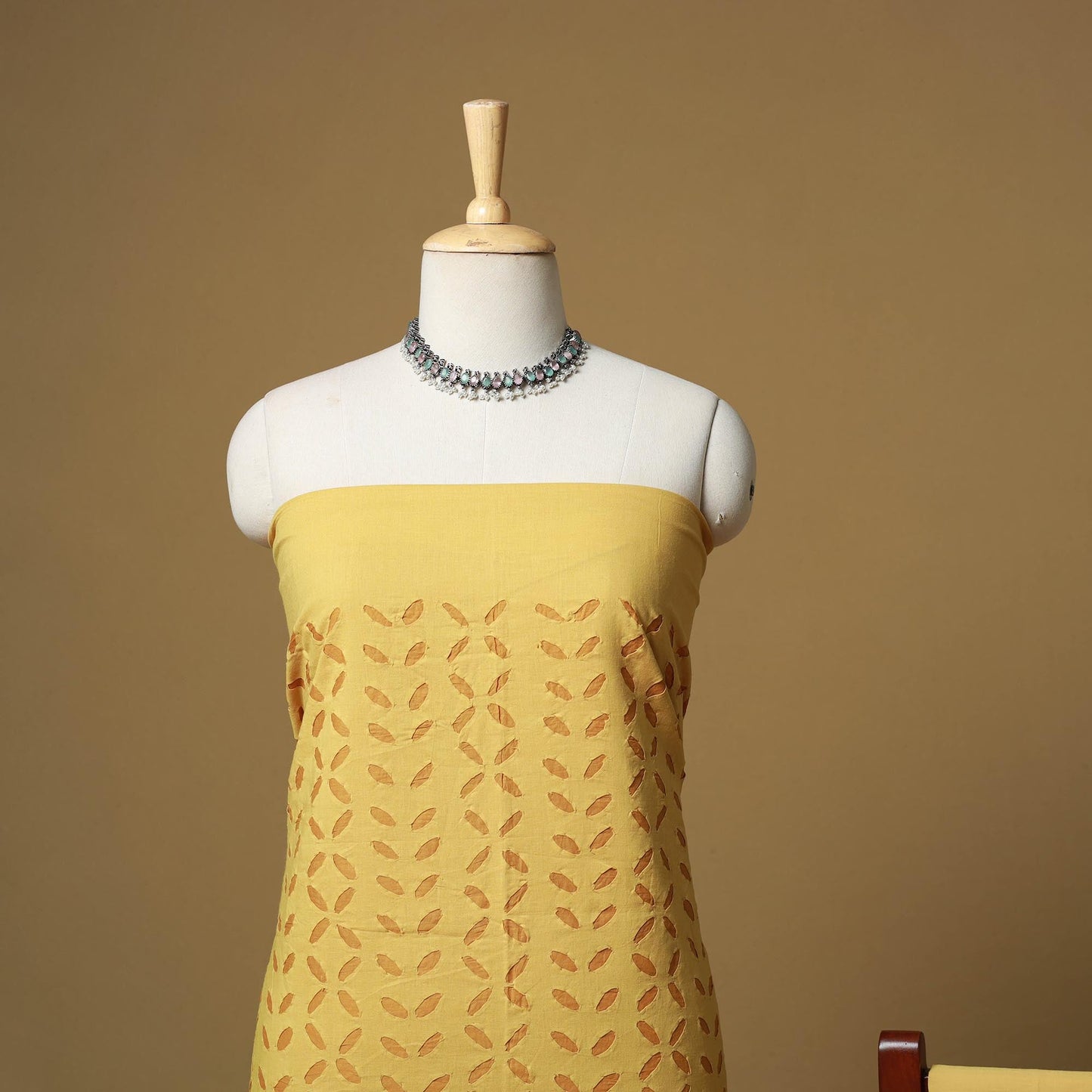 Yellow - barmer cut work cotton applique 3pc unstitched