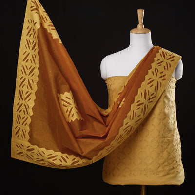  Yellow 3pc Cut Work Cotton Barmer Applique Dress Material