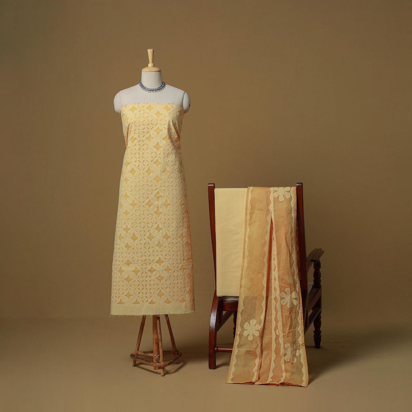 Yellow - barmer cut work cotton applique 3pc unstitched