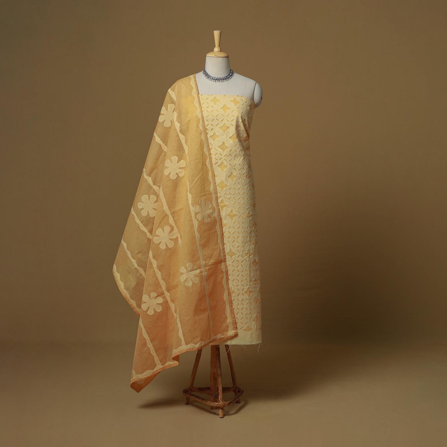 Yellow - barmer cut work cotton applique 3pc unstitched